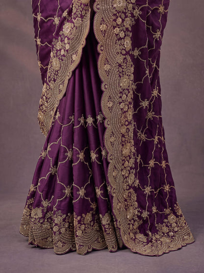 Purple Pure Soft Satin Silk Metalic Dori Embroidery Zari Work Sequins Bridal Saree