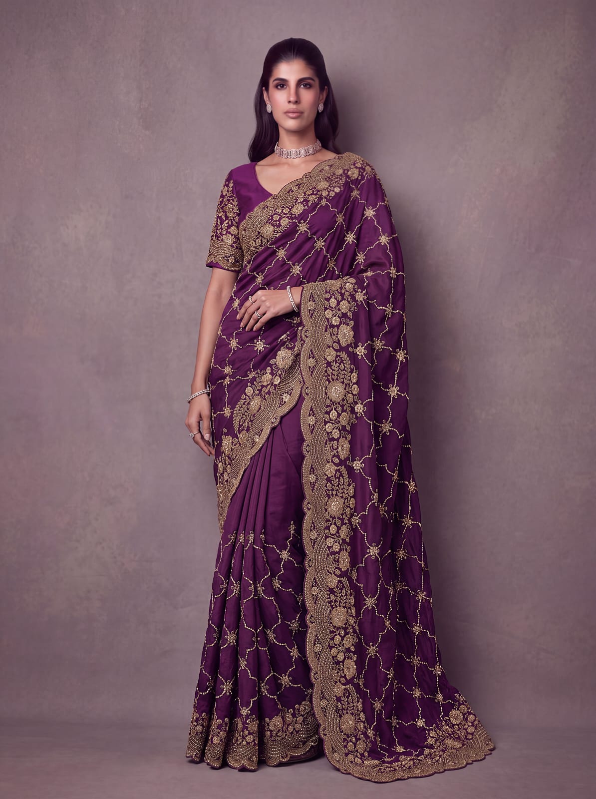 Purple Pure Soft Satin Silk Metalic Dori Embroidery Zari Work Sequins Bridal Saree