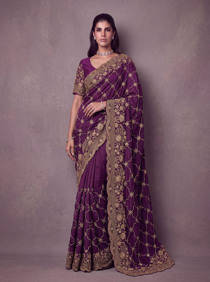 Purple Pure Soft Satin Silk Metalic Dori Embroidery Zari Work Sequins Bridal Saree