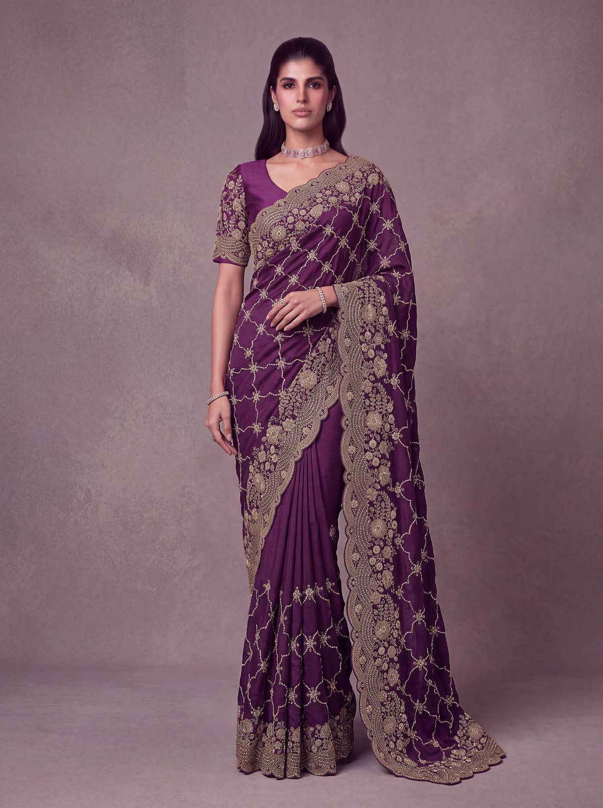 Purple Pure Soft Satin Silk Metalic Dori Embroidery Zari Work Sequins Bridal Saree