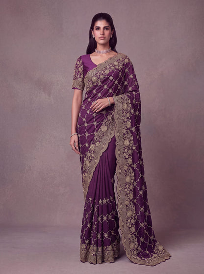 Purple Pure Soft Satin Silk Metalic Dori Embroidery Zari Work Sequins Bridal Saree
