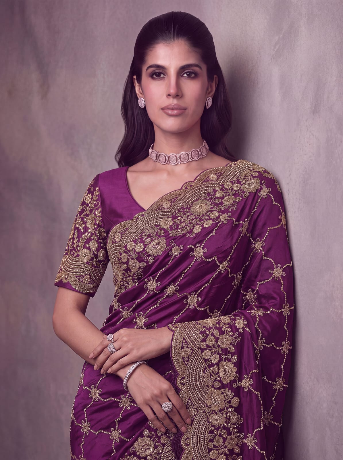 Purple Pure Soft Satin Silk Metalic Dori Embroidery Zari Work Sequins Bridal Saree