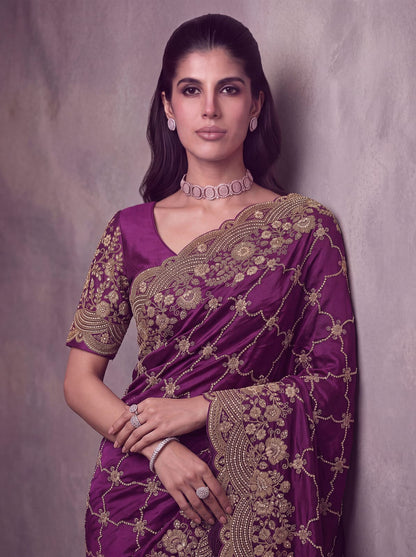Purple Pure Soft Satin Silk Metalic Dori Embroidery Zari Work Sequins Bridal Saree