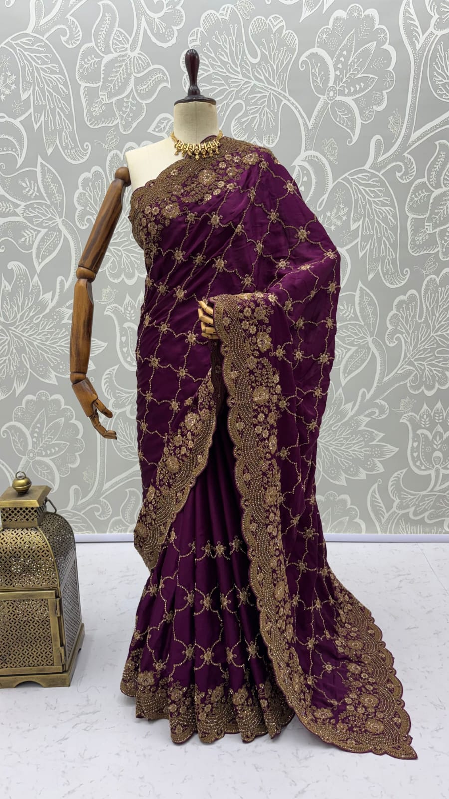 Purple Pure Soft Satin Silk Metalic Dori Embroidery Zari Work Sequins Bridal Saree