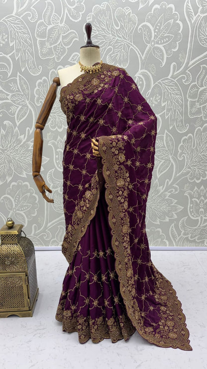 Purple Pure Soft Satin Silk Metalic Dori Embroidery Zari Work Sequins Bridal Saree