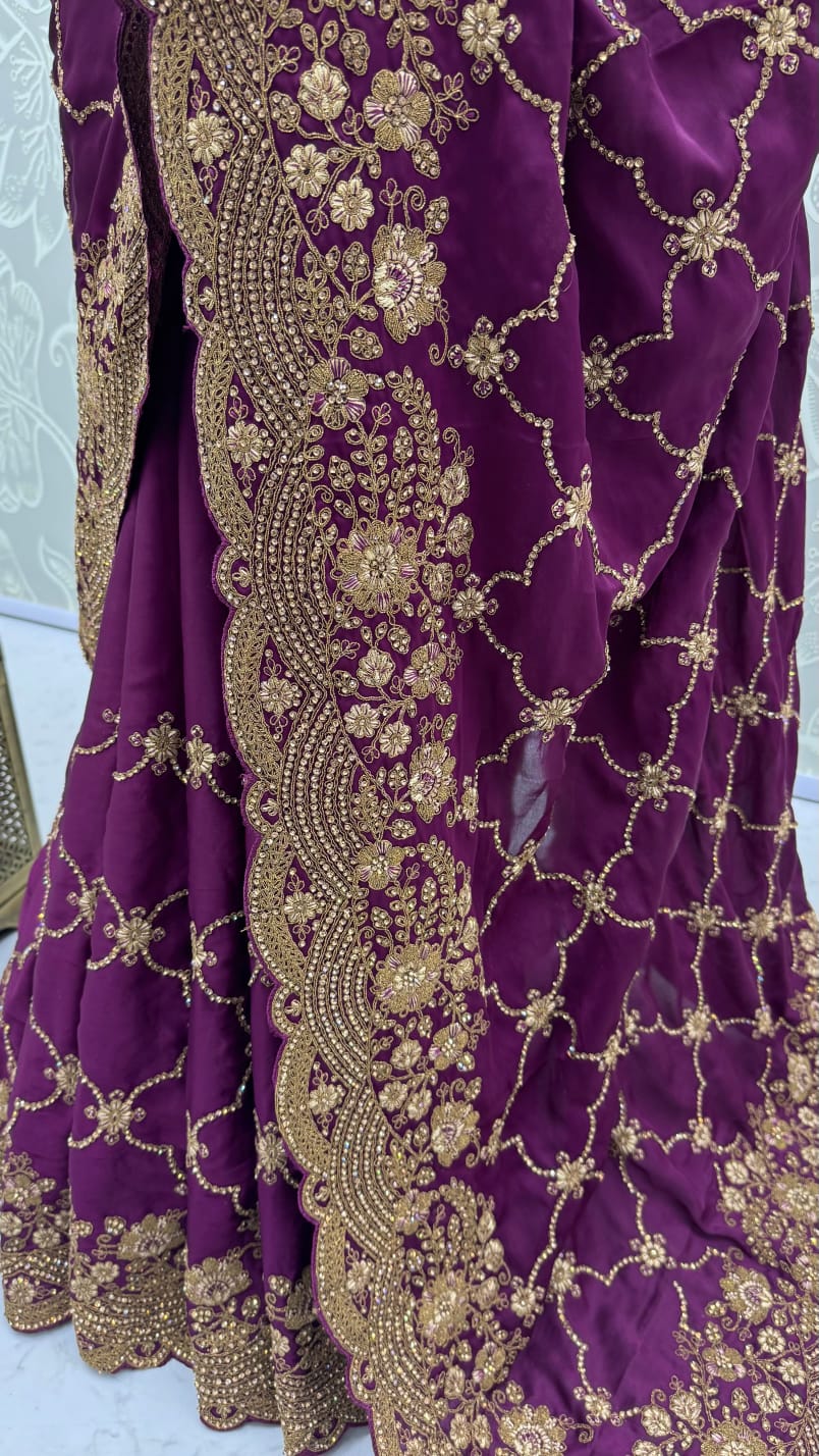 Purple Pure Soft Satin Silk Metalic Dori Embroidery Zari Work Sequins Bridal Saree