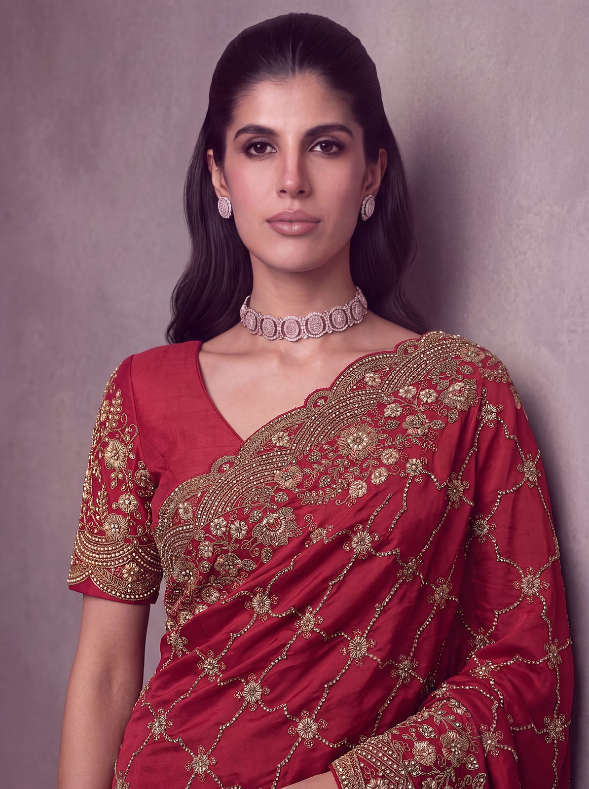 Red Pure Soft Satin Silk Metalic Dori Embroidery Zari Work Sequins Bridal Saree