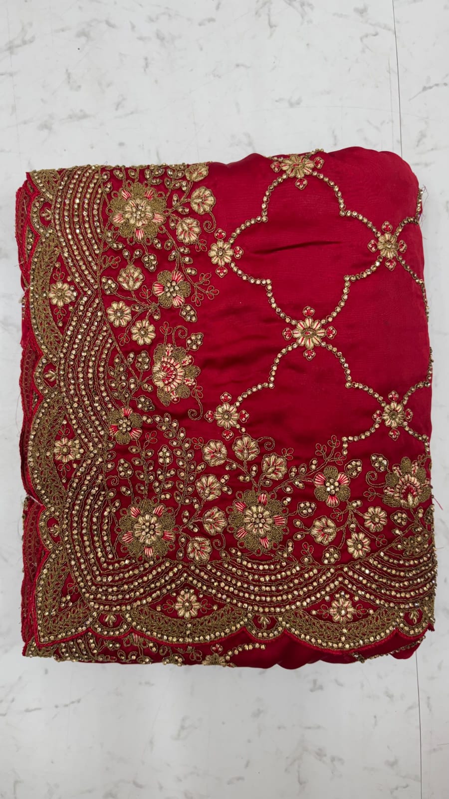 Red Pure Soft Satin Silk Metalic Dori Embroidery Zari Work Sequins Bridal Saree