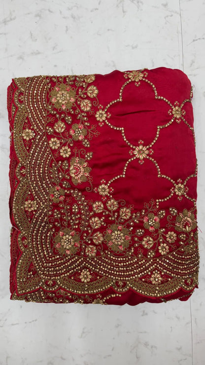 Red Pure Soft Satin Silk Metalic Dori Embroidery Zari Work Sequins Bridal Saree