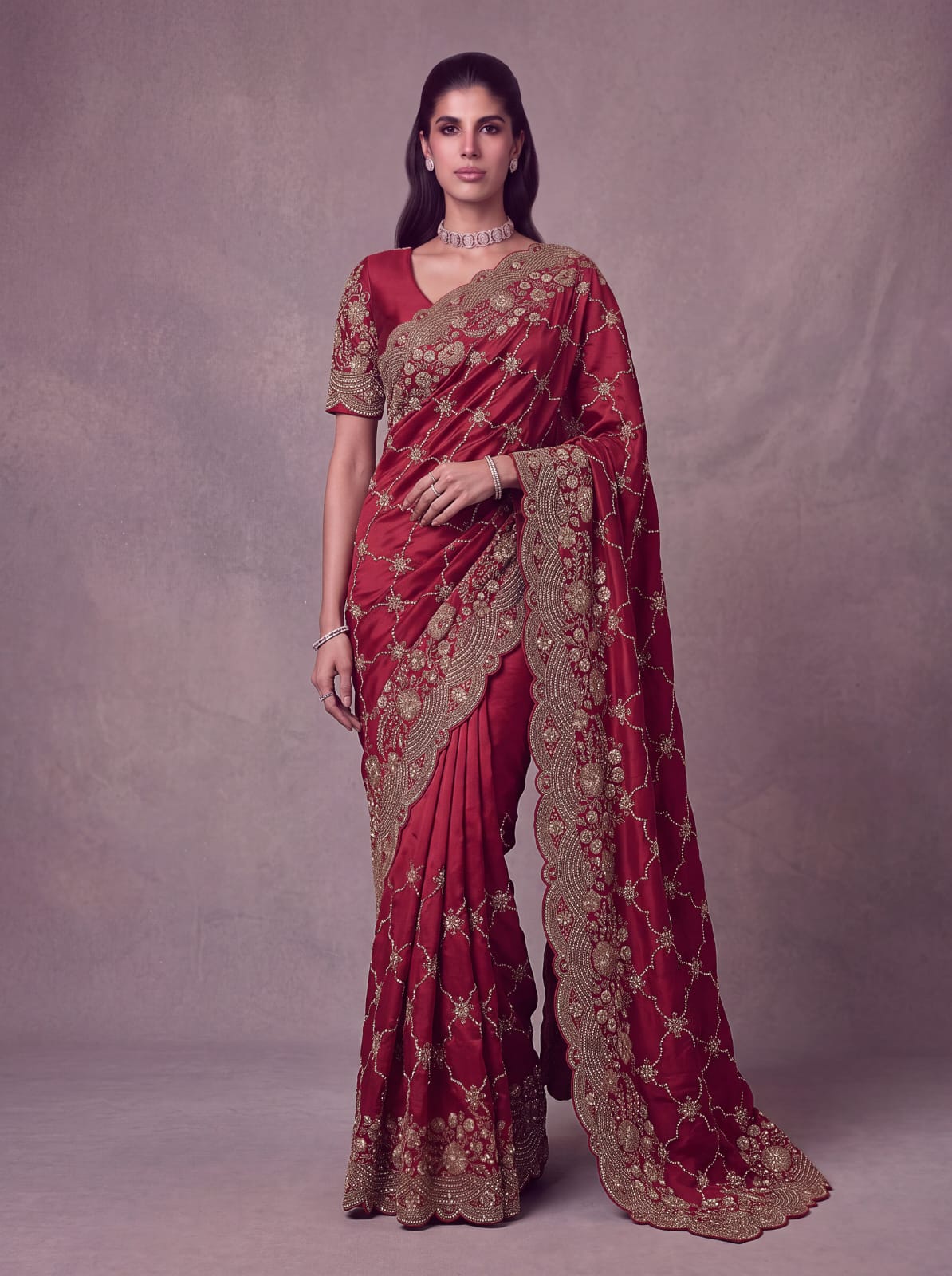 Red Pure Soft Satin Silk Metalic Dori Embroidery Zari Work Sequins Bridal Saree