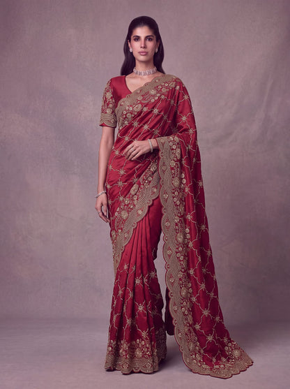 Red Pure Soft Satin Silk Metalic Dori Embroidery Zari Work Sequins Bridal Saree