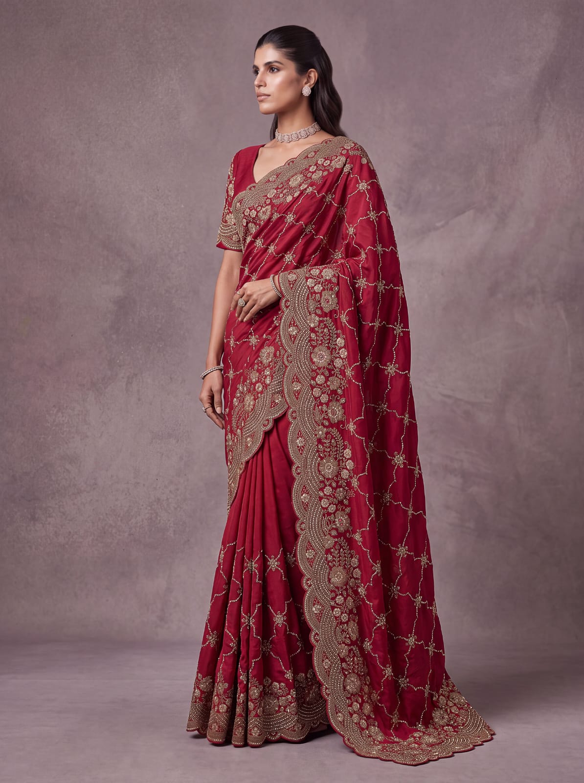 Red Pure Soft Satin Silk Metalic Dori Embroidery Zari Work Sequins Bridal Saree
