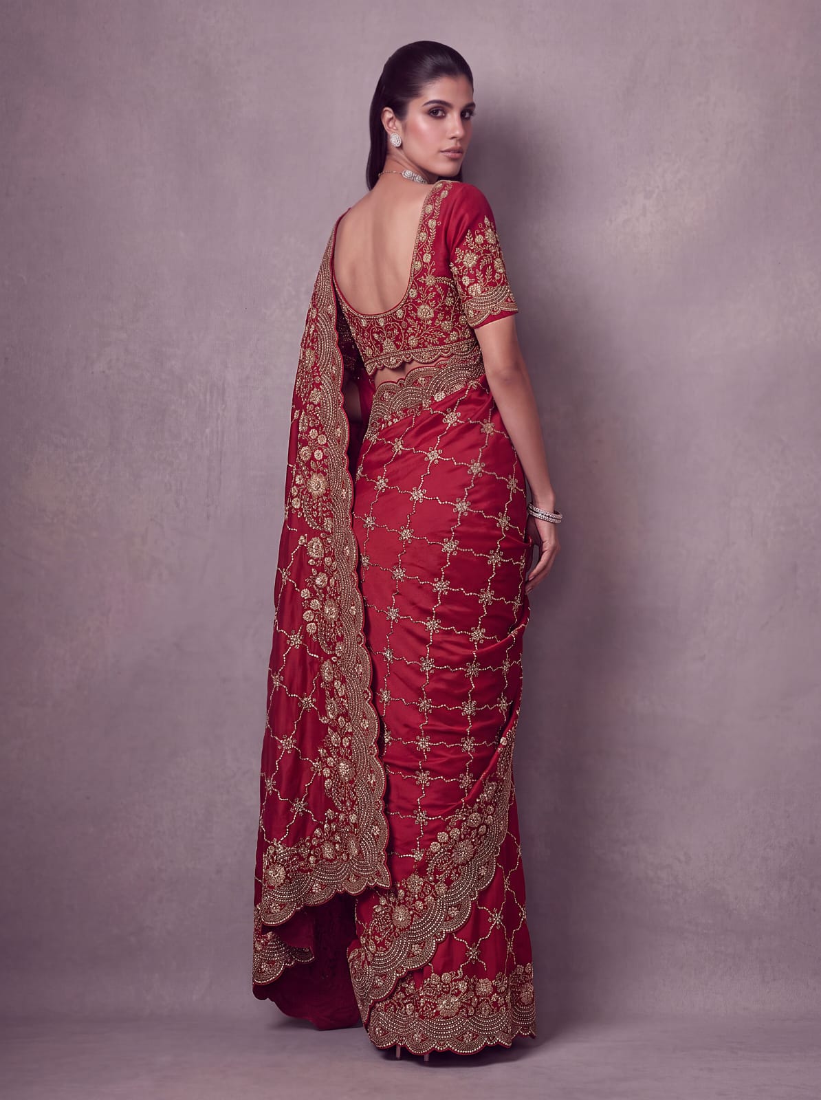 Red Pure Soft Satin Silk Metalic Dori Embroidery Zari Work Sequins Bridal Saree