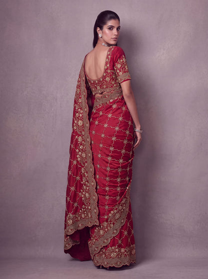 Red Pure Soft Satin Silk Metalic Dori Embroidery Zari Work Sequins Bridal Saree