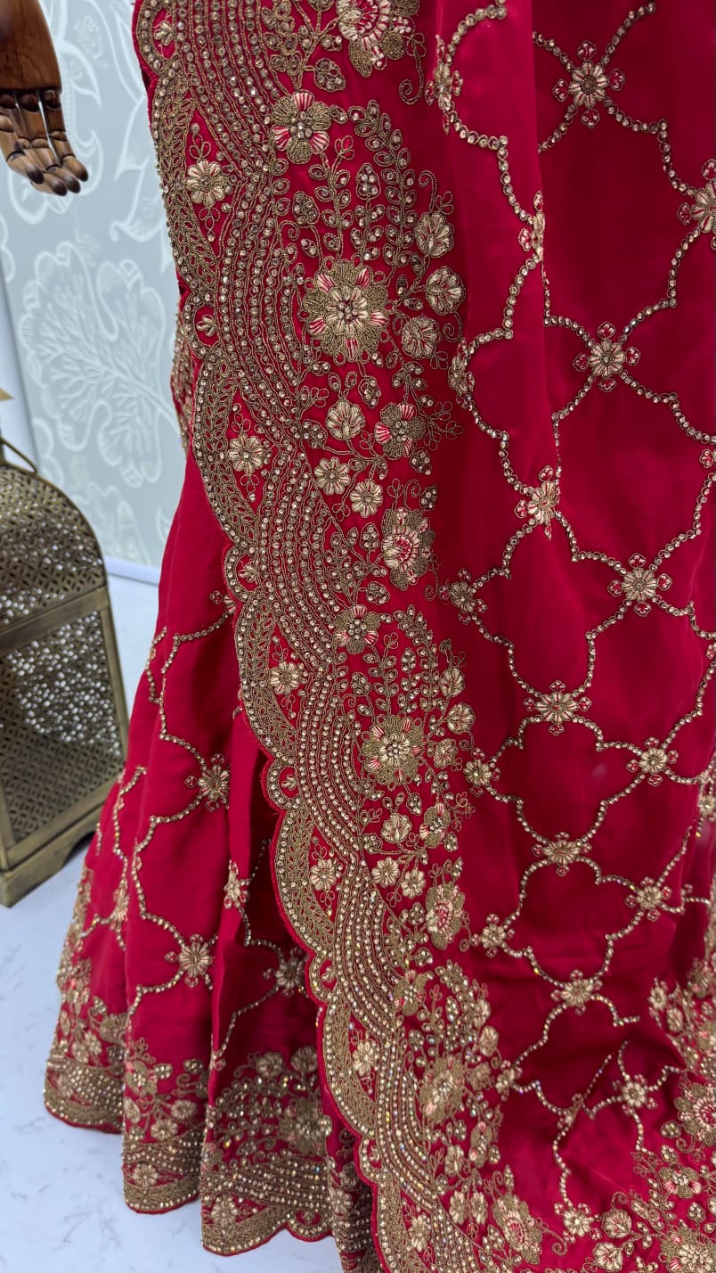 Red Pure Soft Satin Silk Metalic Dori Embroidery Zari Work Sequins Bridal Saree