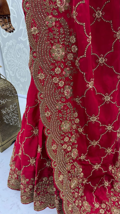 Red Pure Soft Satin Silk Metalic Dori Embroidery Zari Work Sequins Bridal Saree