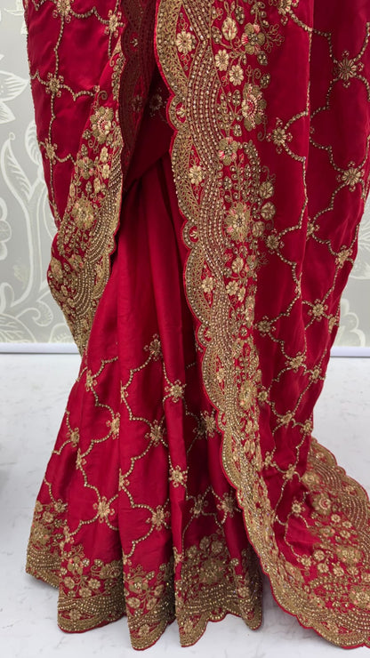 Red Pure Soft Satin Silk Metalic Dori Embroidery Zari Work Sequins Bridal Saree