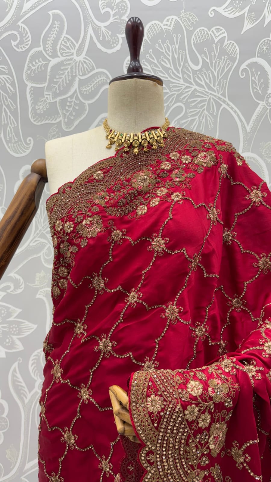 Red Pure Soft Satin Silk Metalic Dori Embroidery Zari Work Sequins Bridal Saree