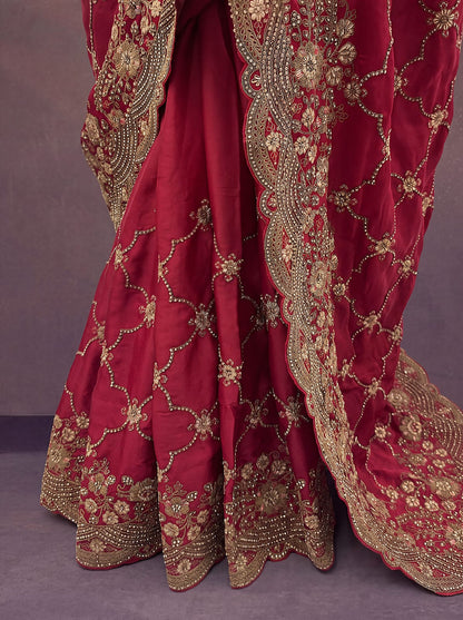 Red Pure Soft Satin Silk Metalic Dori Embroidery Zari Work Sequins Bridal Saree