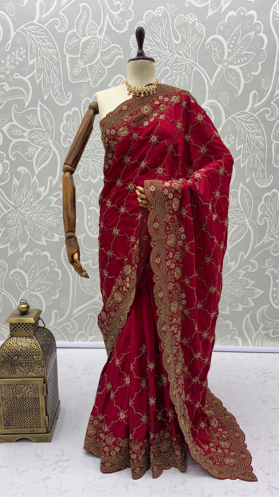 Red Pure Soft Satin Silk Metalic Dori Embroidery Zari Work Sequins Bridal Saree