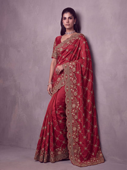 Red Pure Soft Satin Silk Metalic Dori Embroidery Zari Work Sequins Bridal Saree