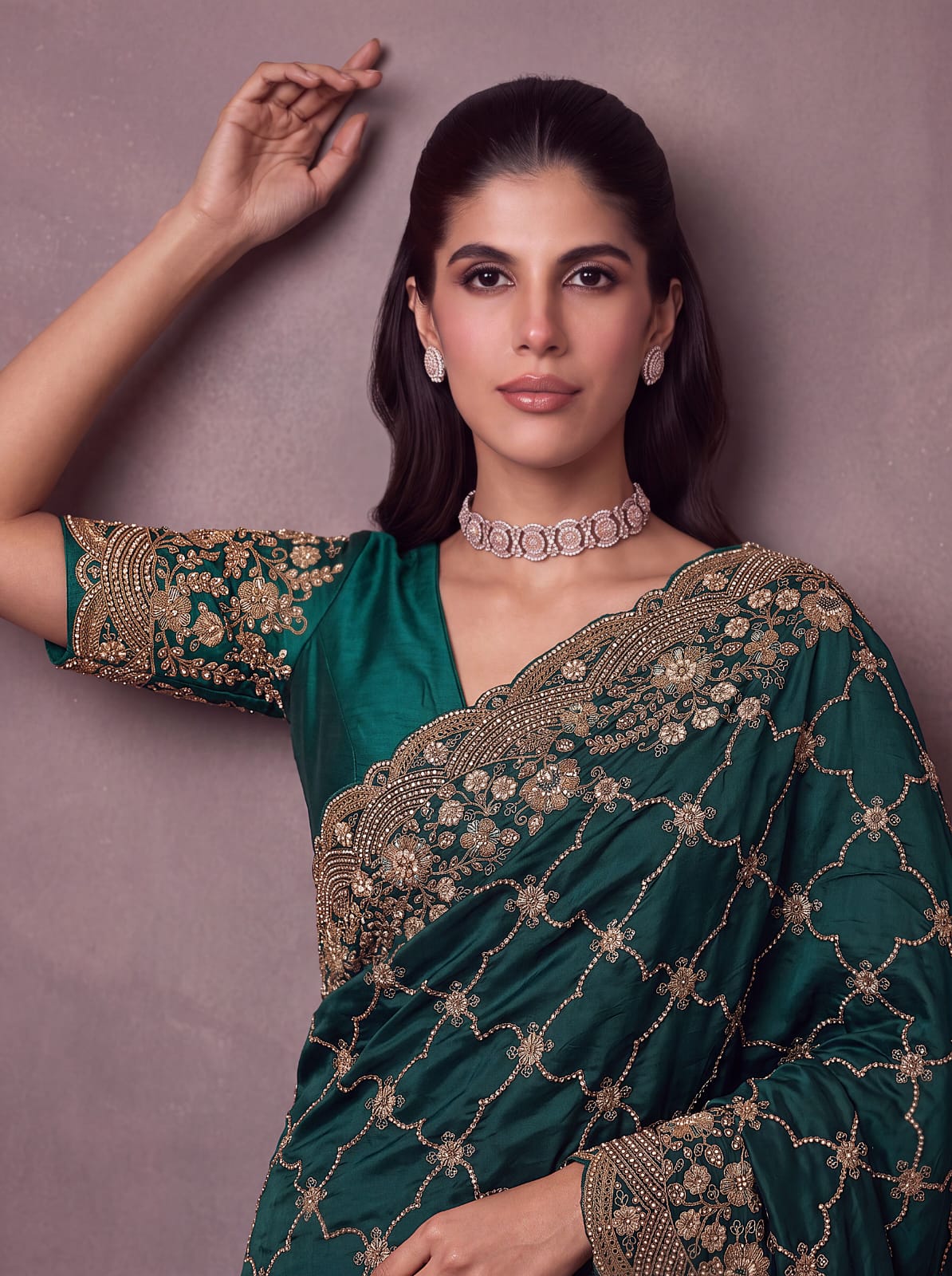 Green Pure Soft Satin Silk Metalic Dori Embroidery Zari Work Sequins Bridal Saree