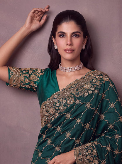 Green Pure Soft Satin Silk Metalic Dori Embroidery Zari Work Sequins Bridal Saree