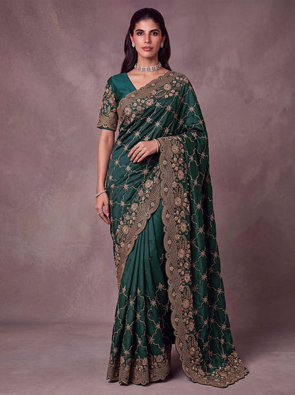 Green Pure Soft Satin Silk Metalic Dori Embroidery Zari Work Sequins Bridal Saree