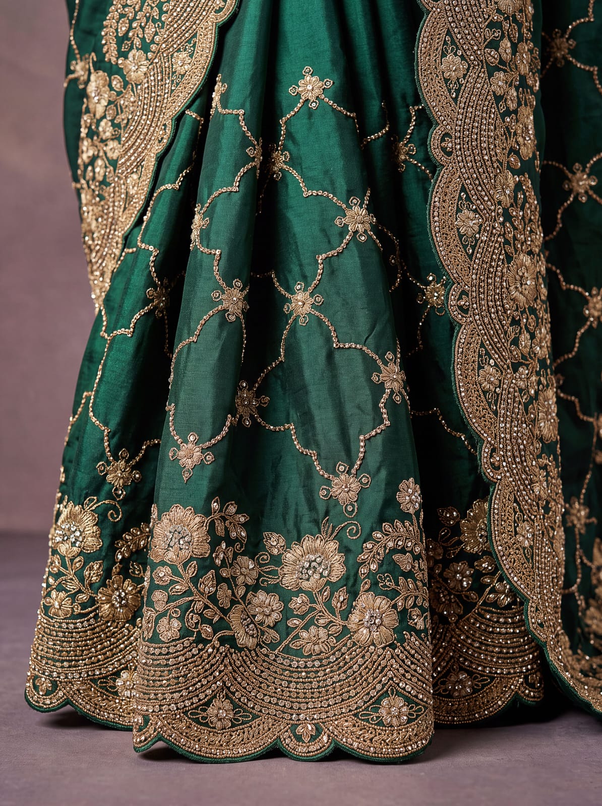 Green Pure Soft Satin Silk Metalic Dori Embroidery Zari Work Sequins Bridal Saree