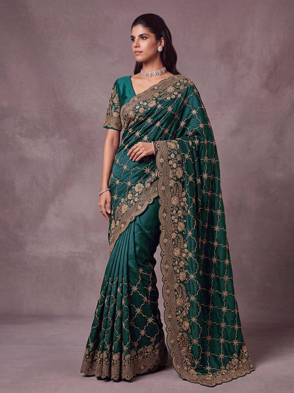 Green Pure Soft Satin Silk Metalic Dori Embroidery Zari Work Sequins Bridal Saree