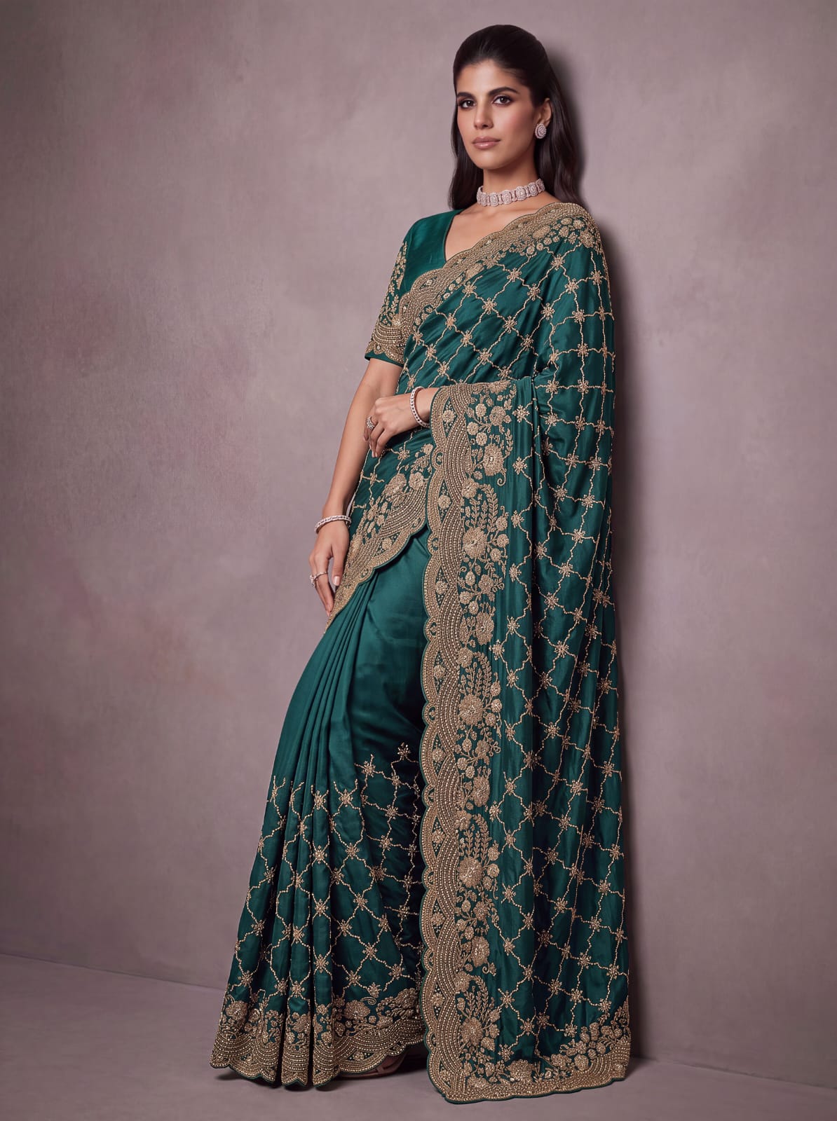 Green Pure Soft Satin Silk Metalic Dori Embroidery Zari Work Sequins Bridal Saree