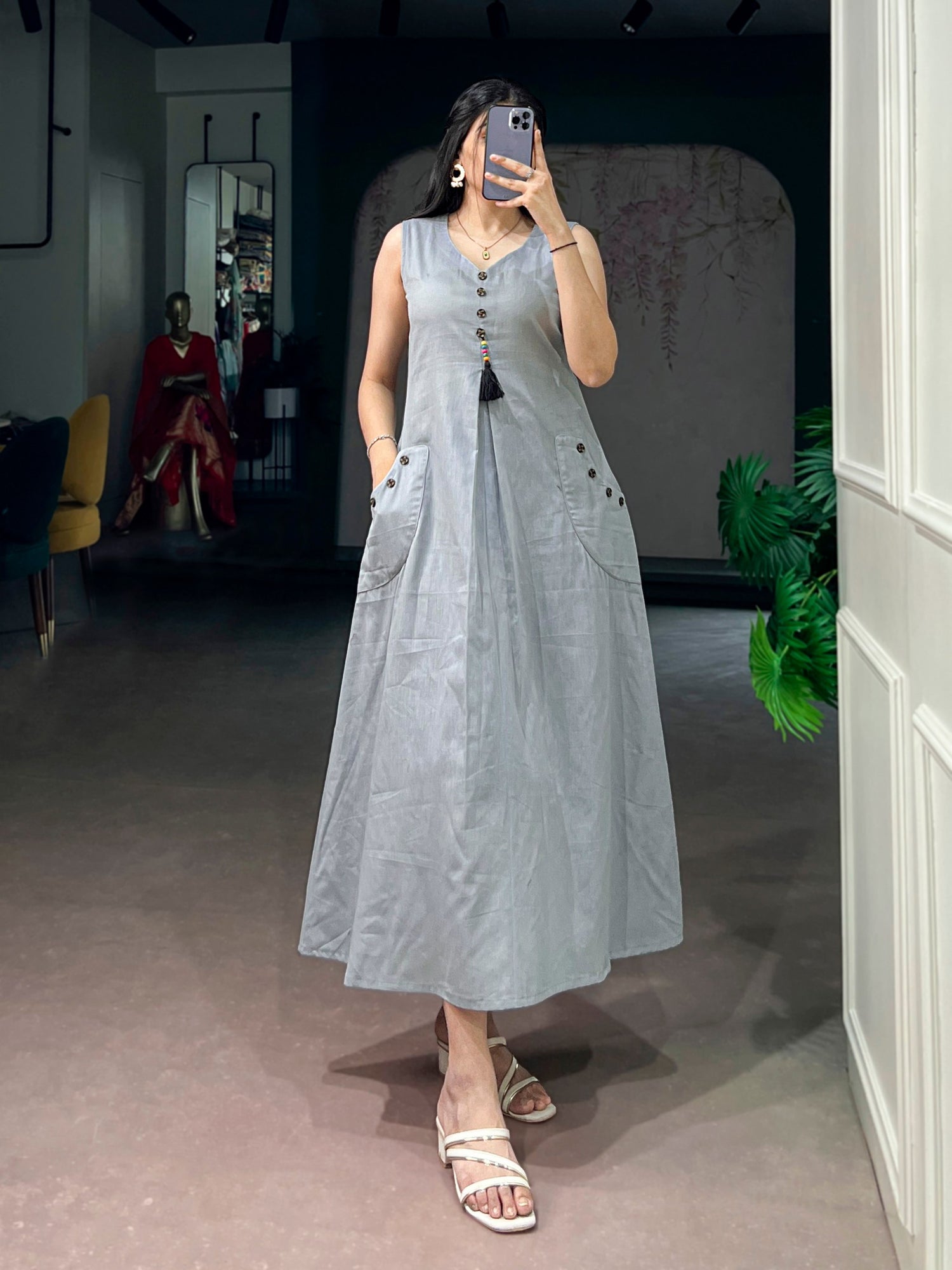 Grey Pure Khadi Cotton Long Kurti with Wooden Buttons