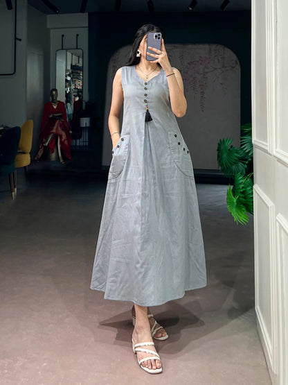 Grey Pure Khadi Cotton Long Kurti with Wooden Buttons