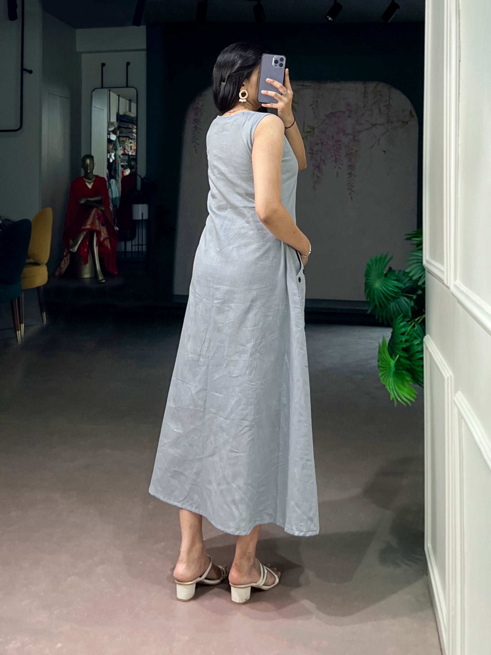 Grey Pure Khadi Cotton Long Kurti with Wooden Buttons