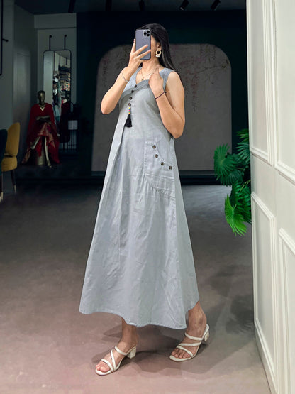 Grey Pure Khadi Cotton Long Kurti with Wooden Buttons