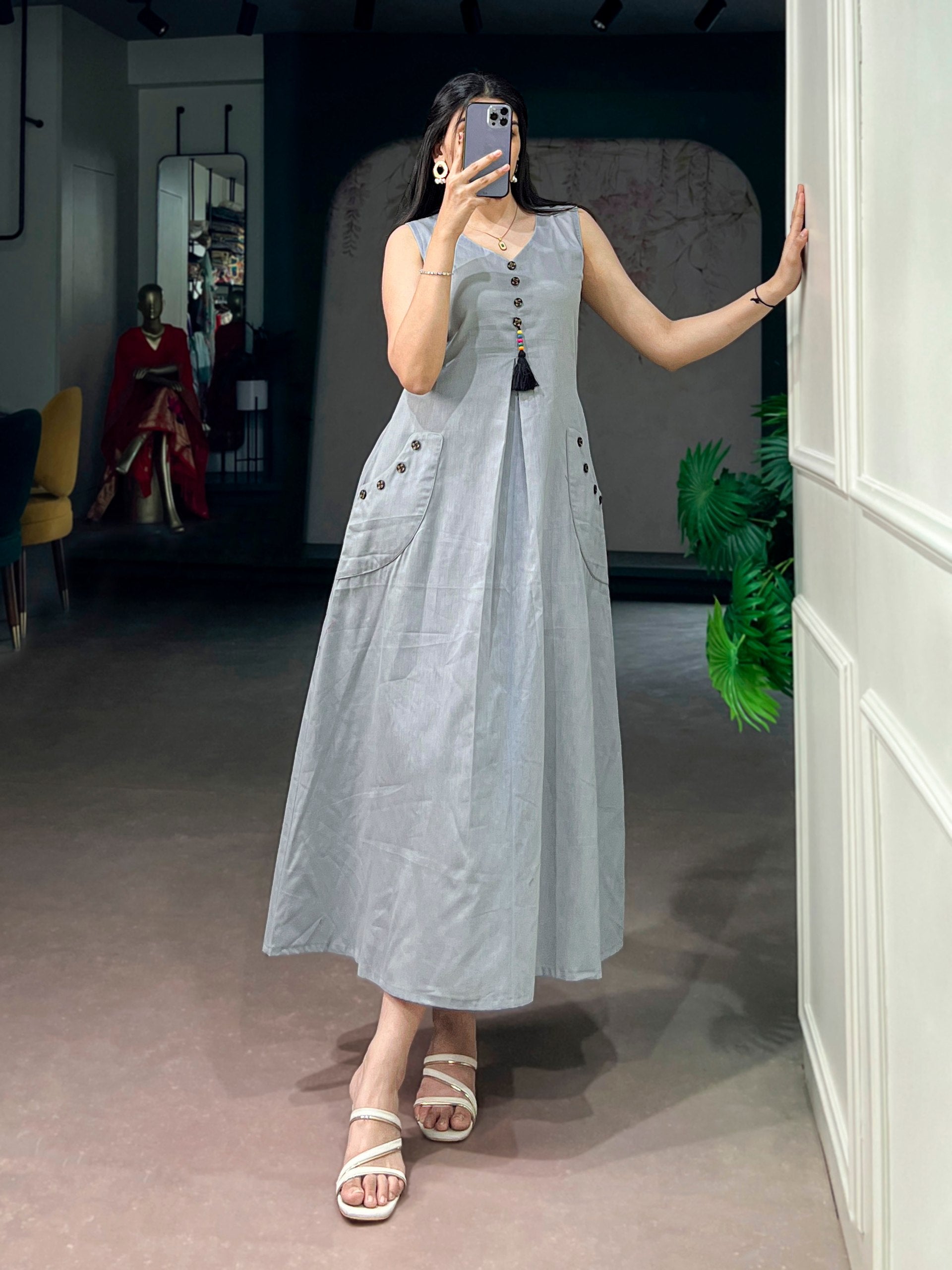Grey Pure Khadi Cotton Long Kurti with Wooden Buttons