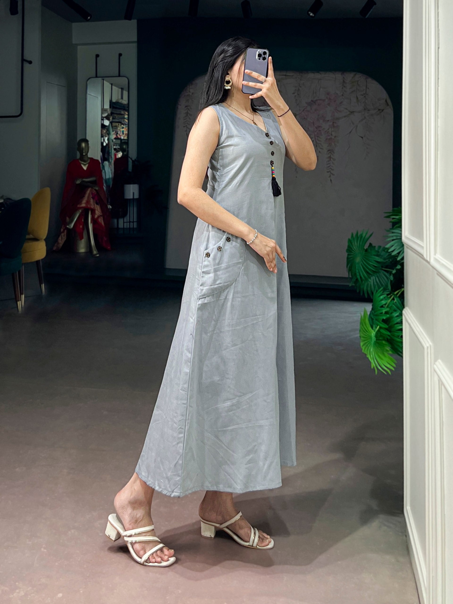 Grey Pure Khadi Cotton Long Kurti with Wooden Buttons
