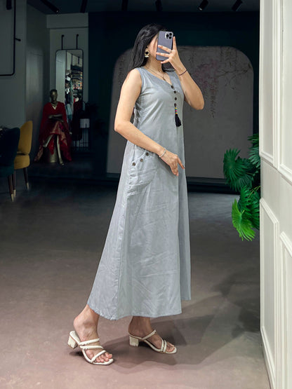 Grey Pure Khadi Cotton Long Kurti with Wooden Buttons