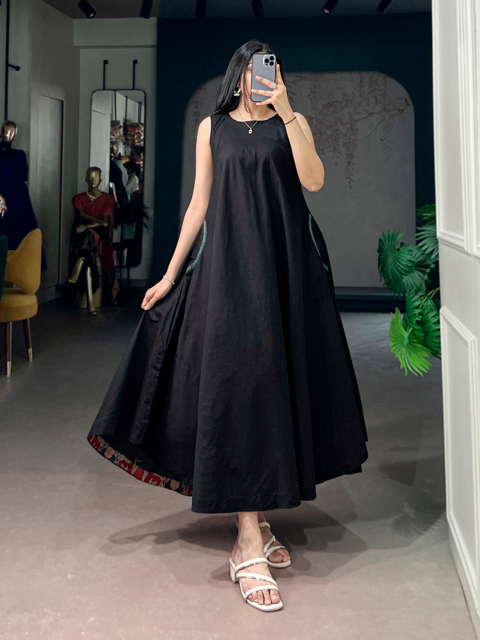 Black Pure Khadi Cotton Long Kurti with Wooden Buttons