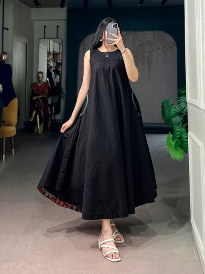 Black Pure Khadi Cotton Long Kurti with Wooden Buttons