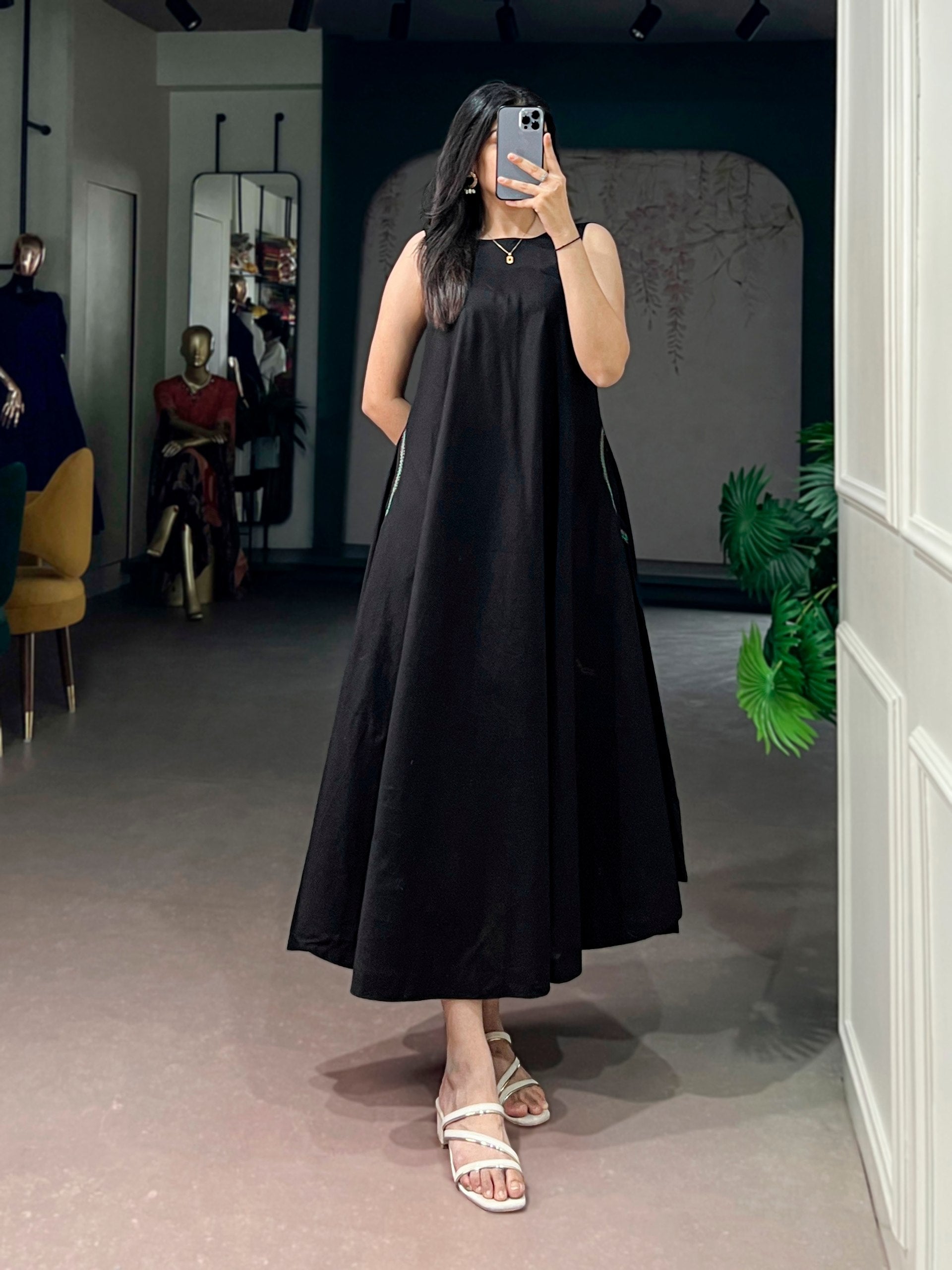 Black Pure Khadi Cotton Long Kurti with Wooden Buttons