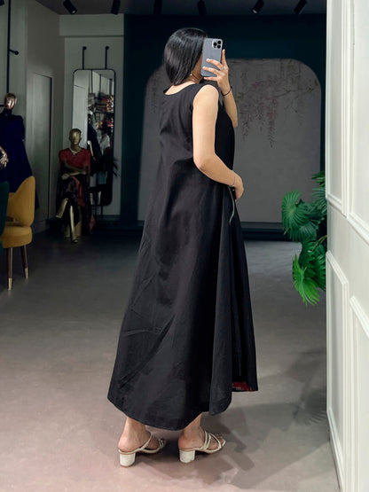 Black Pure Khadi Cotton Long Kurti with Wooden Buttons