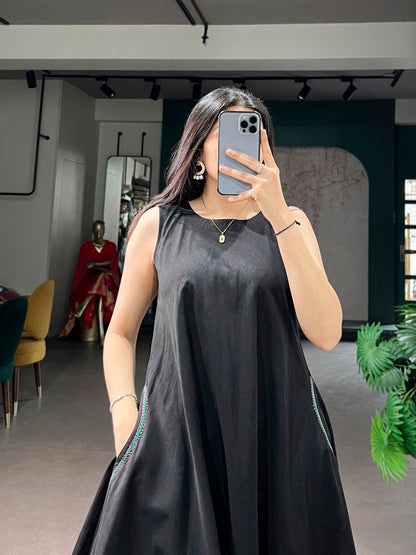 Black Pure Khadi Cotton Long Kurti with Wooden Buttons