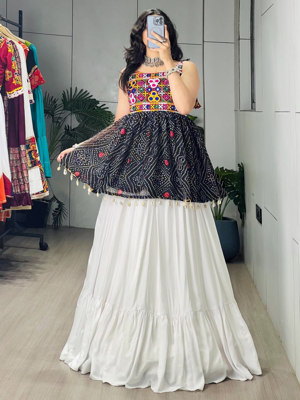 Black Pure Rayon Cotton Plain With Frilled Navratri Lehenga Choli
