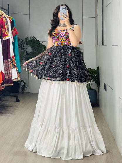Black Pure Rayon Cotton Plain With Frilled Navratri Lehenga Choli