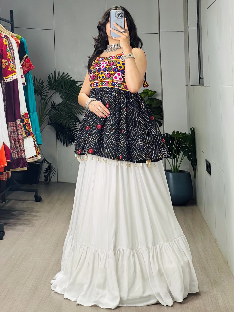Black Pure Rayon Cotton Plain With Frilled Navratri Lehenga Choli