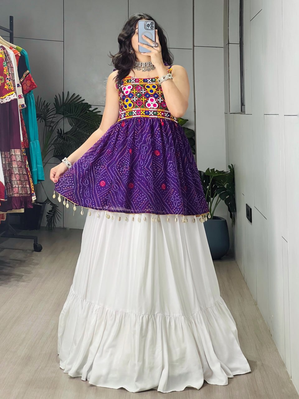 Purple Pure Rayon Cotton Plain With Frilled Navratri Lehenga Choli