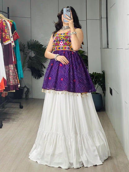 Purple Pure Rayon Cotton Plain With Frilled Navratri Lehenga Choli