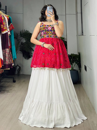 Red Pure Rayon Cotton Plain With Frilled Navratri Lehenga Choli