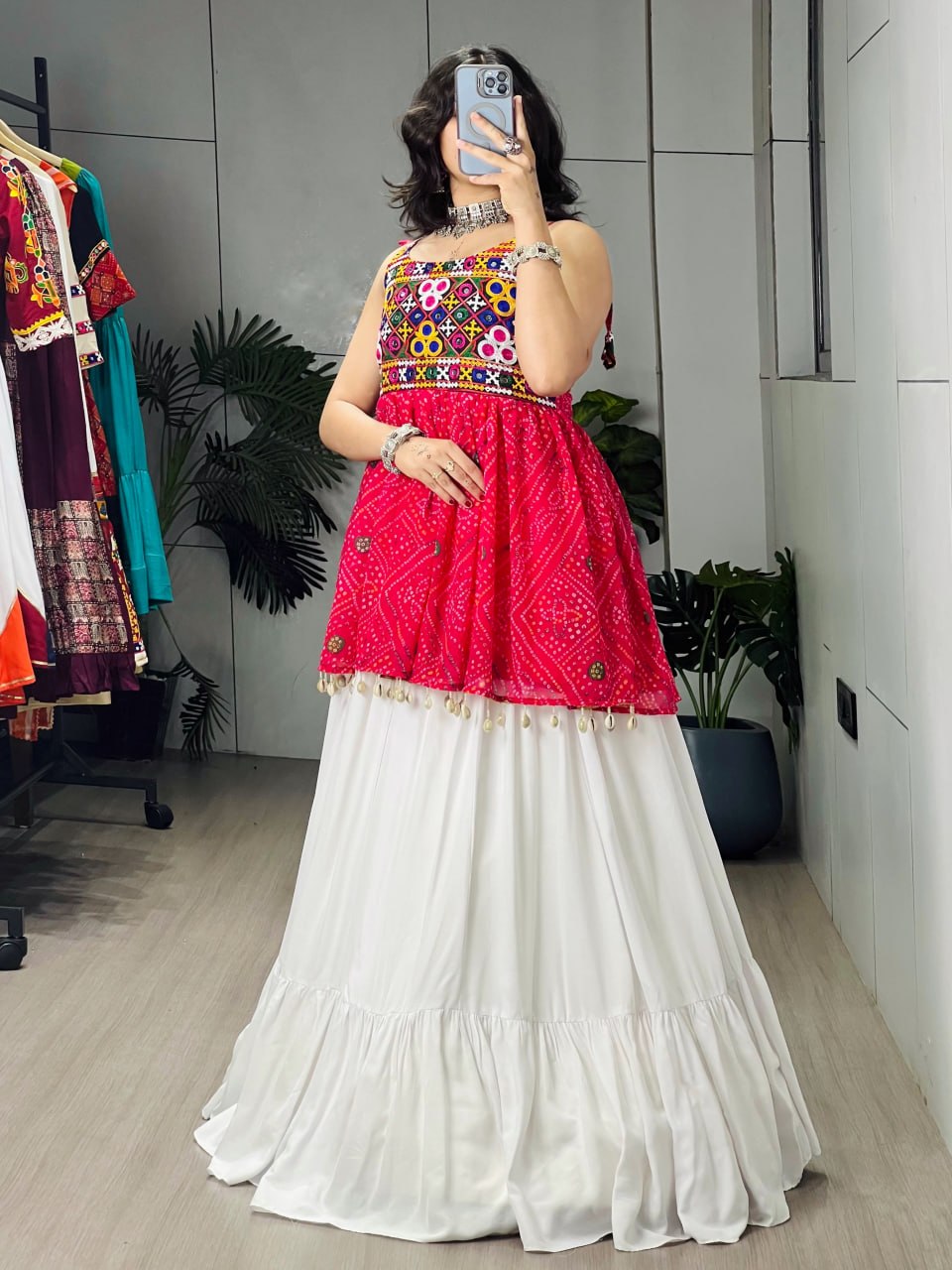 Red Pure Rayon Cotton Plain With Frilled Navratri Lehenga Choli